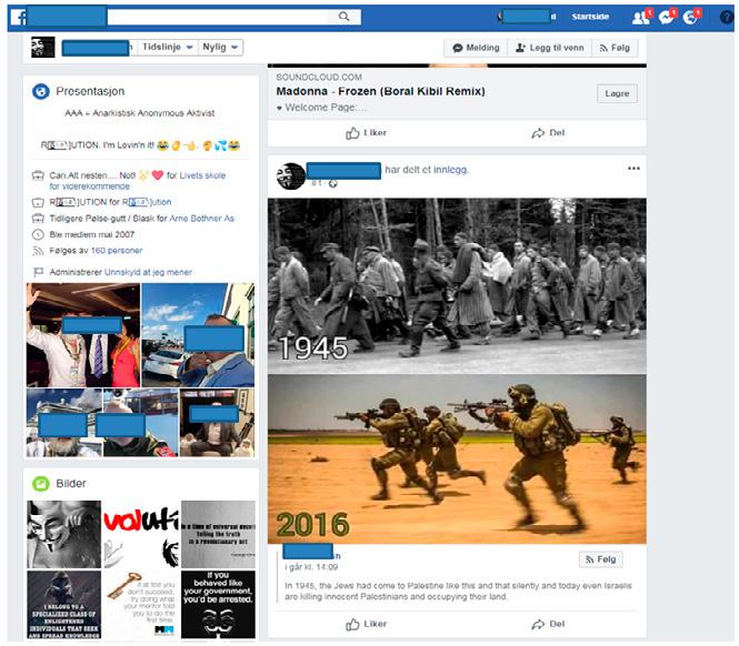 Hvem sprer antisemittisme på nett og i sosiale medier? Skjermdump 7. Personlig Facebook-side til kommentator på «Boikott Israel» (lastet ned 08.10.