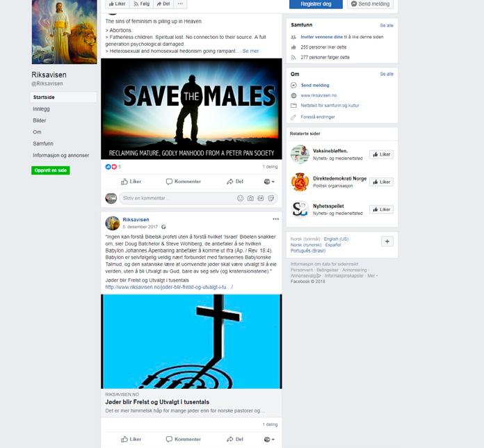 Hvem sprer antisemittisme på nett og i sosiale medier? Skjermdump 14. Sak fra Facebook-siden til riksavisen.no (lastet ned 09.10.