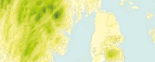 Havnivå satt til 13 m over dagens, tilsvarende siste halvdel av mellomneolittisk tid. Ekvidistanse 5 m på utsnittet til venstre, 1 m til høyre. Ill.: L.S. Johannessen / KHM. Figure 2.5.3.1: Map showing the location and the excavated area of Krøgenes D5, with a modelled sea level at 13 m above present level, corresponding to a Middle Neolithic date.