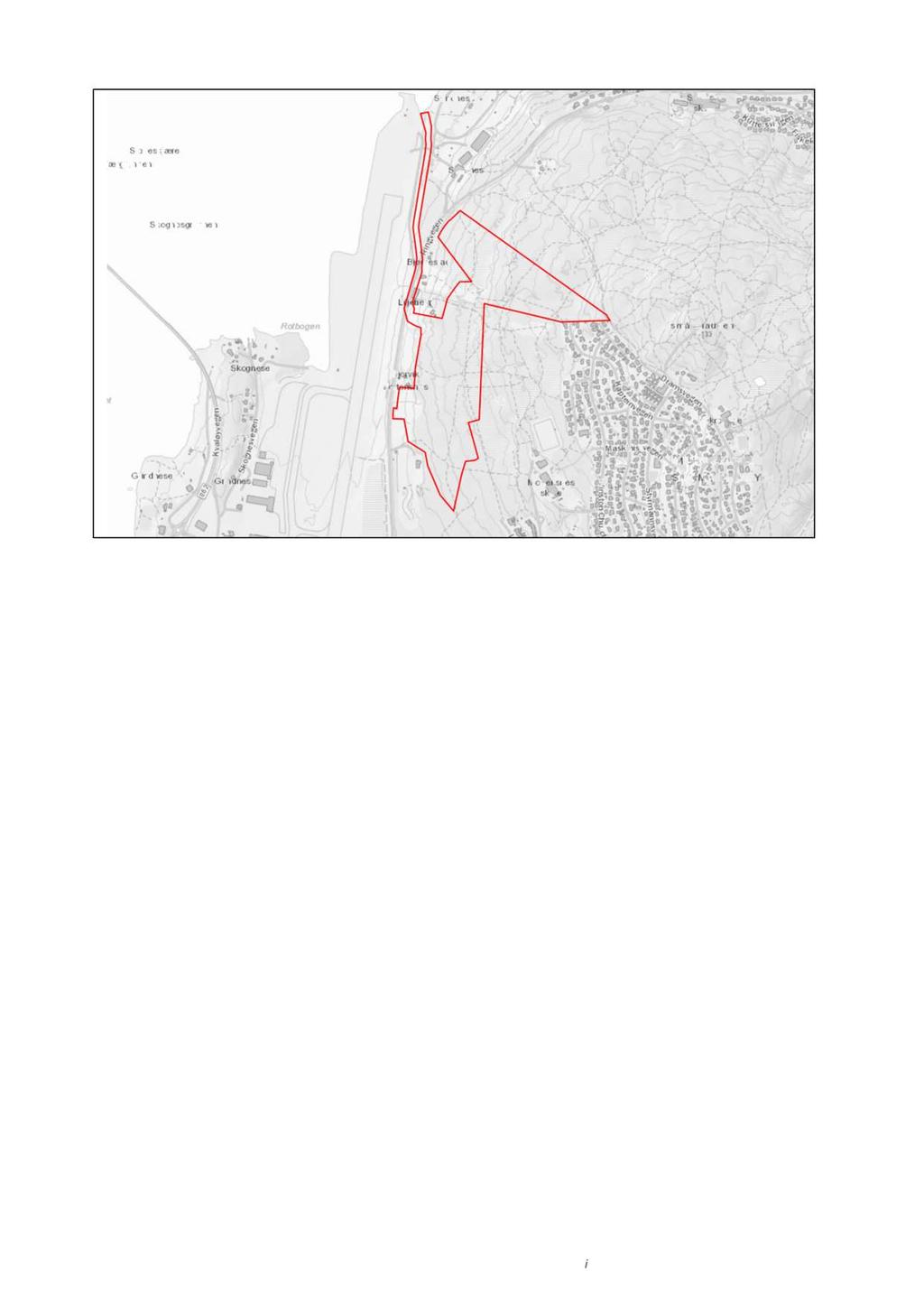 Figur: Oversiktskart, omforent plangrense markert med rødt. 3. OVERORDNEDE RAMMER OG PREMISSER (PLANSTATUS) 3.