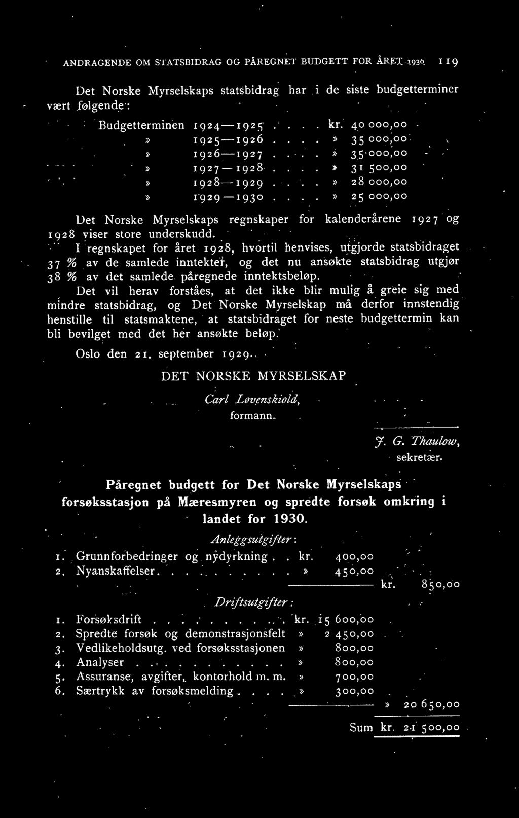 "')) 25 000,00 Det Norske Myrselskaps regnskaper f ~r kalenderårene, 1 9 2 7 og 1928 viser store underskudd.. '.