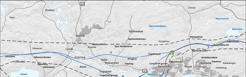 22 Asdal Temse 22A: Linja går i tilnærmet rett linje sørvestover fra litt før Rannekleiv og krysser Nidelva ved Helle og Kvikshaug og fortsetter videre på vestsida av Temse.
