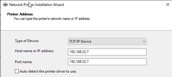 Oppgave d: Installere og dele en nettverkstilknyttet skriver Hva: Du skal bruke samme metode som i oppgave b for å installere en ny logisk skriver på en ny TCP/IP port koblet til IP-adresse 192.168.