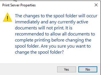 8. I feltet Spool Folder skriver du C:\spool. 9. Klikk Apply. Du får kanskje advarselen nedenfor til høyre når du endrer spool-mappen. Det er ok.