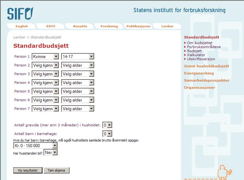 4.3 Gå inn på www.sifo.no. Velg standardbudsjett og kalkulator.