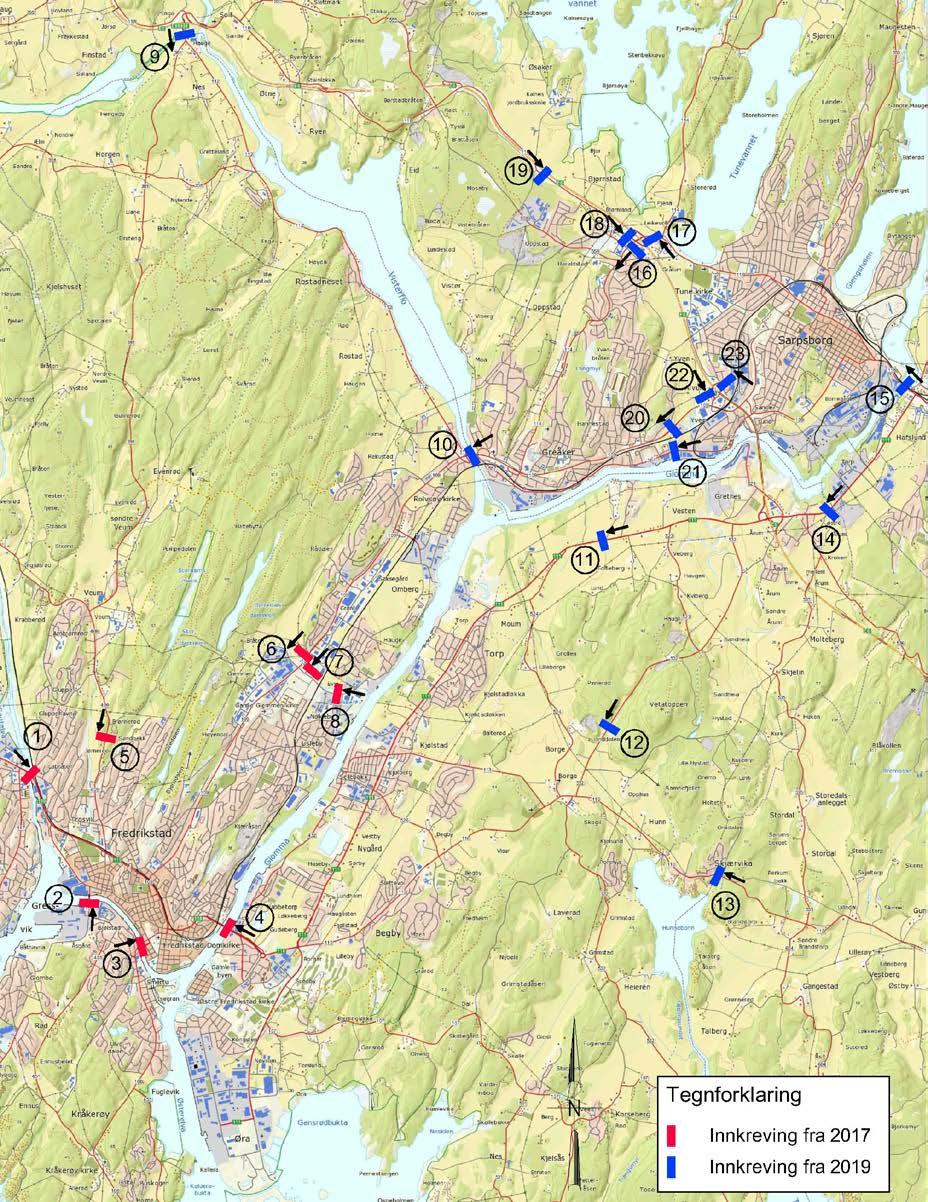 7 (24) Figur 1: Plassering av bomstasjoner Vedtakene legger til grunn en nærmere angitt prosjektportefølje i bypakka med en samlet kostnad på ca 7,85 mrd 2012-kr, jf. vedlagte vedtak.