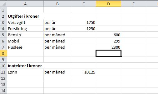 Oppgåve 8 Stein set opp følgjande rekneark for sine faste utgifter og si faste inntekt. a) Rekn ut kor mange kroner Stein har igjen av lønna si kvar månad når alle faste utgifter er betalte.