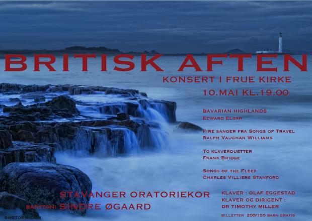 Konserten ble avholdt 12. mai i Frue kirke Stavanger, og var korets første konsert med ny dirigent, dr. Timothy Miller. Før hvert av verkene orienterte dirigenten om komponisten og verket.