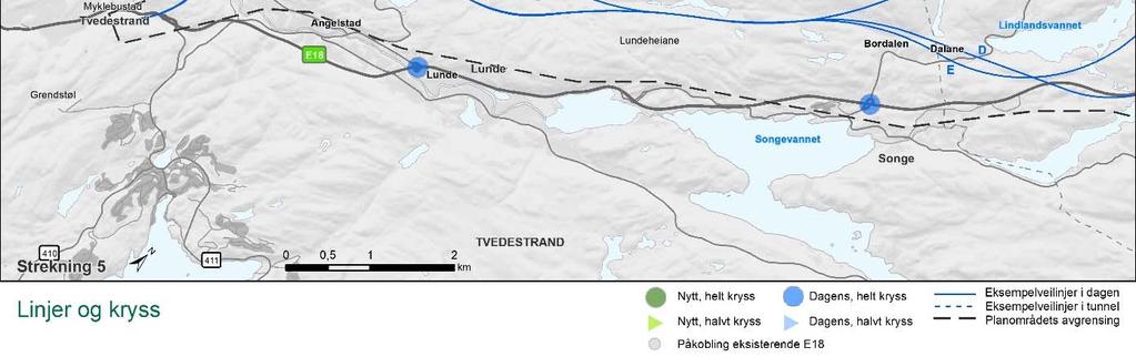 5 Lindland-Tvedestrand 5A: Eksempellinja går vest inn i Vegårshei etter Savannet. Den går i bru ved Skjerkholtlonene og elva lenger sør. Linja ligger tett på Skjerkholt-vassdraget.