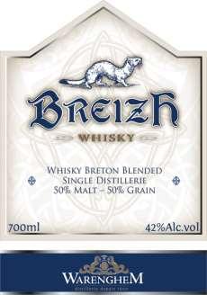 BREIZH WHISKY - Whisky Breton Blended Laget av halvparten grain og maltwhisky i Bretagne Farge: Gylden Aroma: Søt bakst.