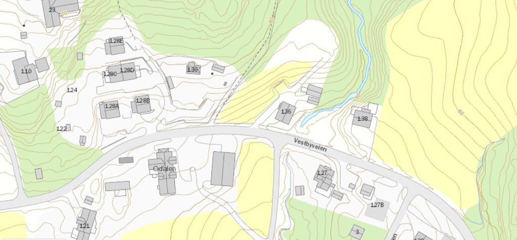 Figur 3-5 En oversikt over boligområdene i sør som omtales videre i dokumentet. Nye Nordre Tverrveg kommer mellom Vestbyveien 130 og 136. Kartet er innhentet fra Asplan Viaks kartløsning Adaptive. 3.2.