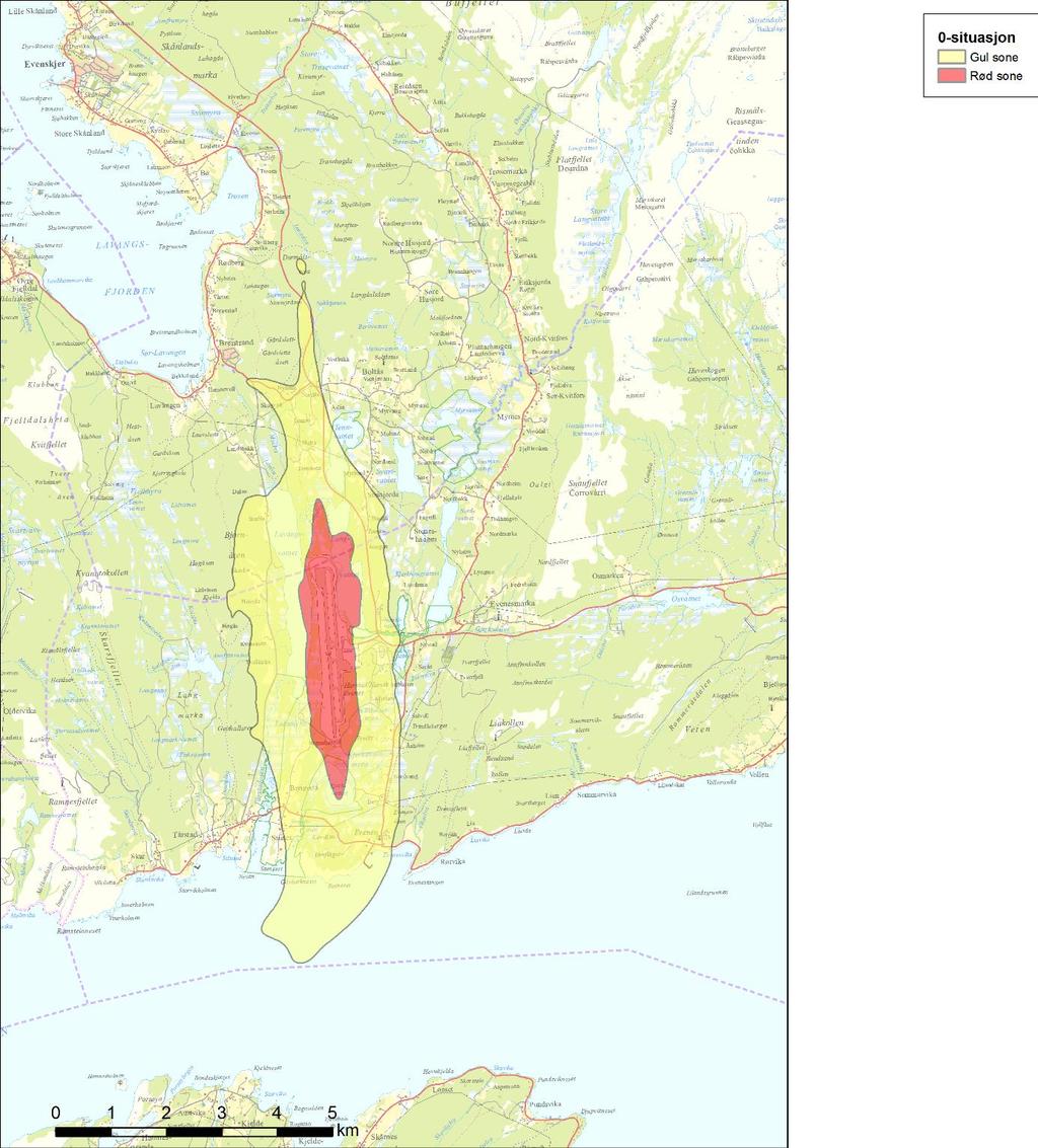 . Figur 7. Dagens støybilde, Støysituasjon i 2030 beregning basert på flyaktivitet i 2030 basert på fremskriving av dagens flyaktivitet ved Evenes lufthavn.