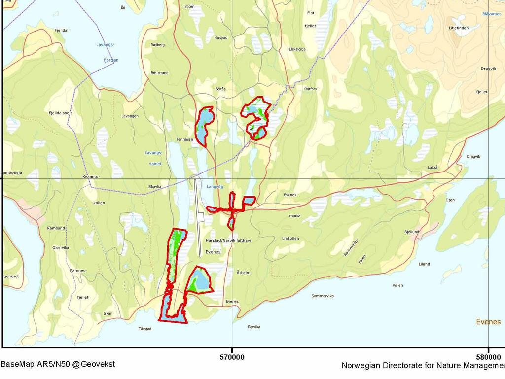 I alt 7 naturtypelokaliteter, dvs. naturtypelokaliteter som er regionalt eller lokalt viktige områder for biologisk mangfold, er registrert innenfor planområdet.