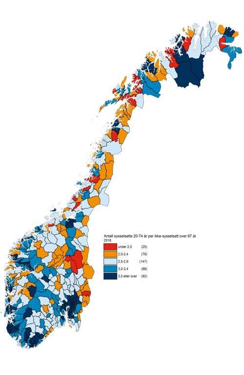 Blått = høyrere forsørgergrad Rødt = lavere forsørgergrad