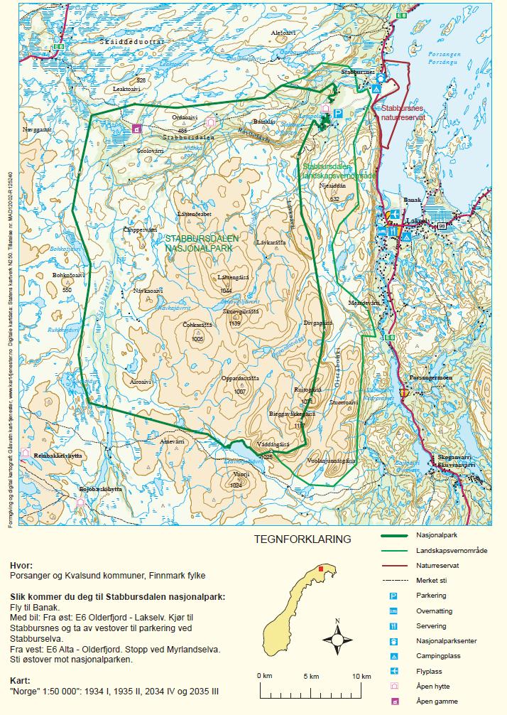 Figur 1 Stabbursdalen nasjonalpark med mørk grønn vernegrense, kart hentet fra http://www.