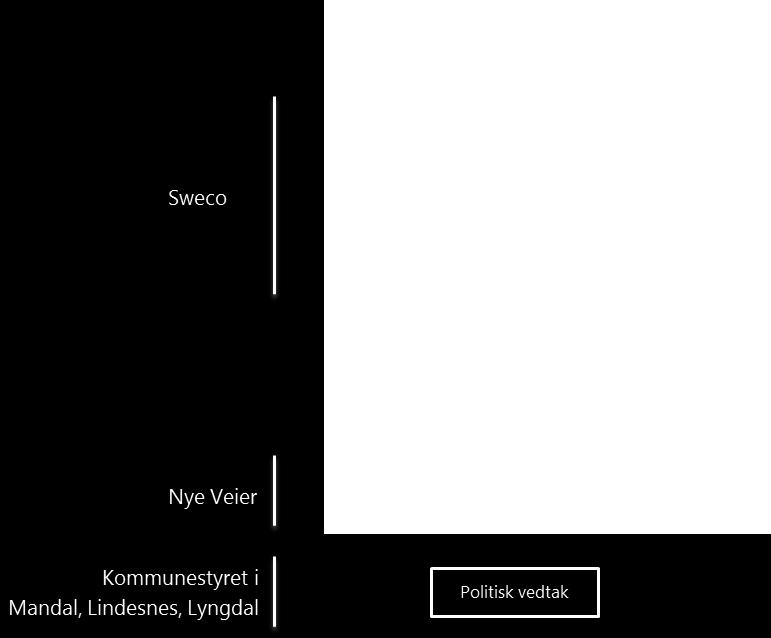 Prosessen kan skjematisk fremstilles i tre trinn: 1) Samfunnsøkonomisk analyse, 2) Måloppnåelse og anbefaling, 3) Politisk vedtak. Prosessen er skjematisk fremstilt i Figur 2-4.