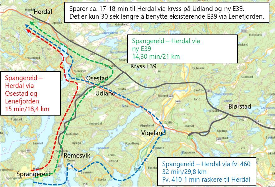 Figur 5-6 Endringer i reisetider til Herdal Figur 5-6 viser hvilke endringer ny vei til Spangereid medfører med hensyn på kjørelengde og reisetider mellom Spangereid og Herdal.