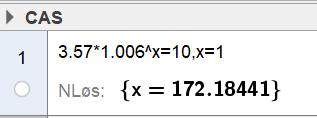 Vi løser likningen x 3,57 1,006 = 10 med CAS. x = 172 svarer til 1960 + 172 = 2132. Etter modellen i oppgave a vil innyggertallet i Norge passere 10 millioner i løpet av 2132.