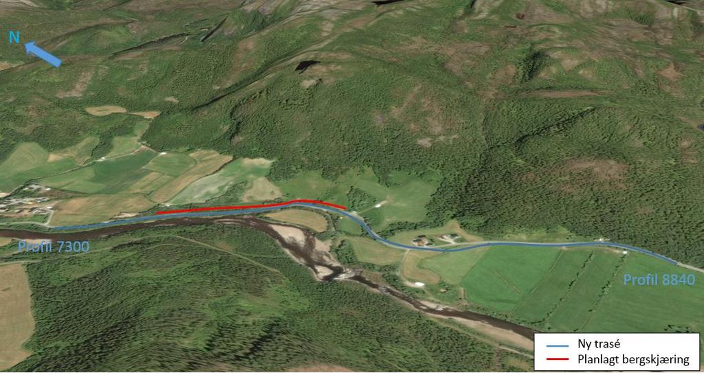 4 Krommen-Nylandet hp 16 km 7500-8840 (tegning C212-C213) 4.1 Observasjoner og fakta 4.1.1 Topografi og linjeføring Planlagt trasé kutter inn i eksisterende terreng ved ca.