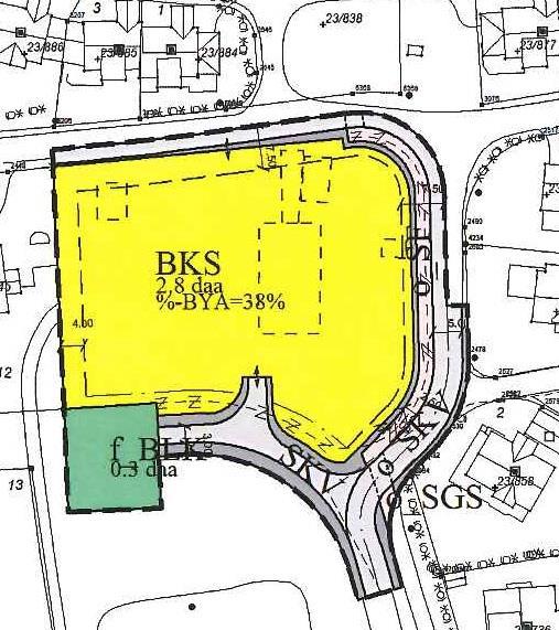 Planområdet: Planområdet er totalt på 4,3 daa. Arealbruksformålenene er i tillegg til boligformål, vegareal og felles lekeplass. På området står det i dag en større driftsbygning.