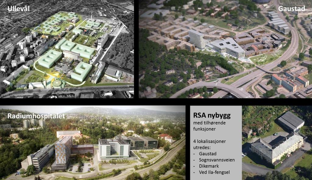 Figur 13 Skisse til fysiske løsninger 77 Det vises til at en ny tilnærming til Alternativ 2, delt løsning, der traumesenteret skal bli liggende på Ullevål sykehus, resulterer i en ny arealfordeling