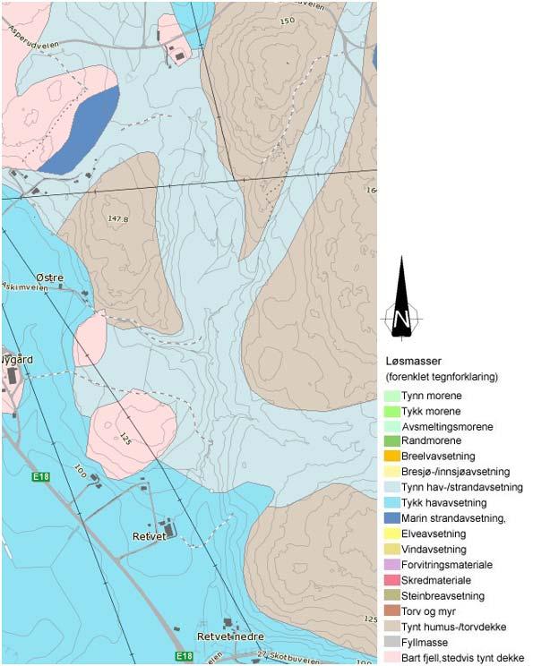 Grunnforhold Figur 19 viser NGUs løsmassekart over området.