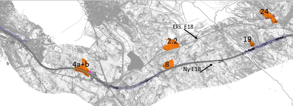 4 Generelt I forbindelse med ny E18 Retvet Vinterbro er det er planlagt massedeponier i 5 områder langs strekningen. Figur 1 viser plassering av deponiområdene lags ny og eksisterende E18.