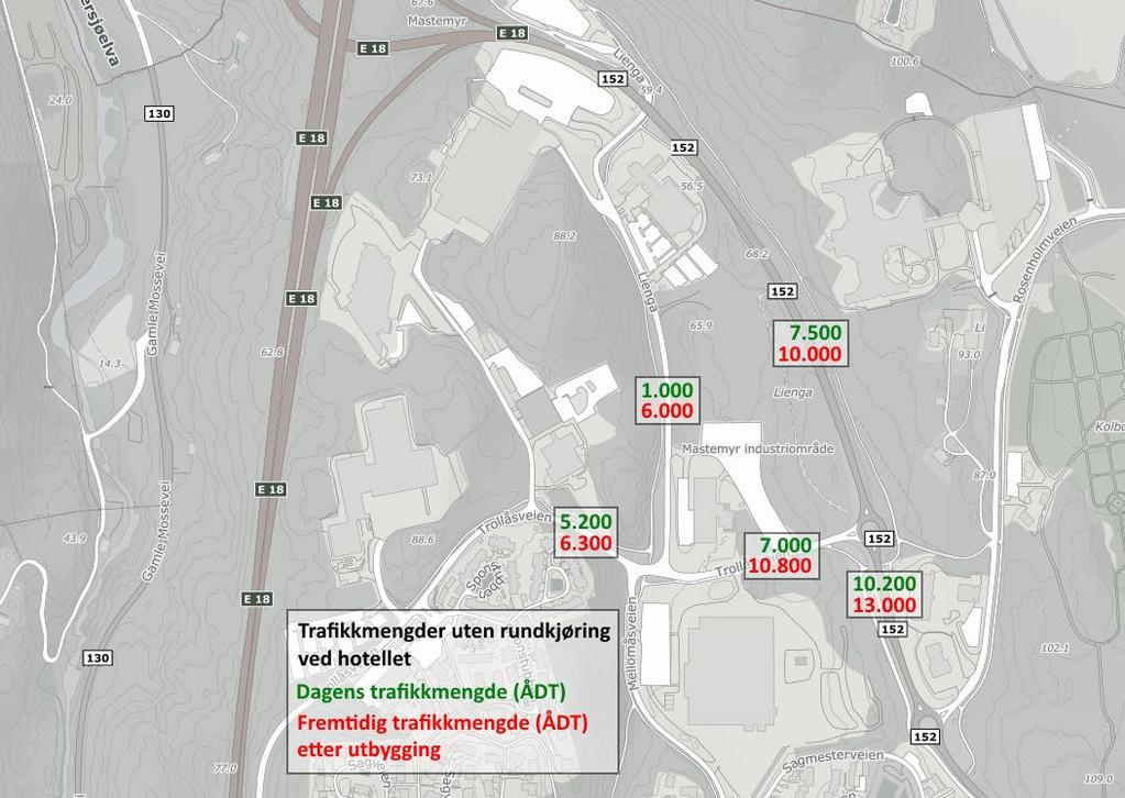 Figur 5: Fordeling av trafikk (ÅDT) med dagens vegnett (uten kobling av Lienga og Mastemyrveien i nord ved hotellet).