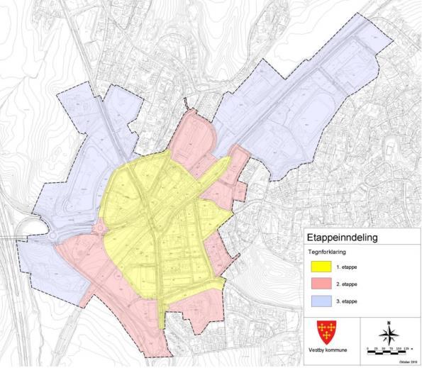 Figur 6: Planlagt etappevis gjennomføring av områdereguleringsplanen for sentrum Områdene som inngår i områdereguleringsplanen må detaljreguleres før utbygging.