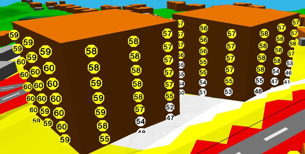 Beregningsresultater og vurderinger Beregningene er utført 1,5 meter og 4 meter over terreng og inkluderer beregning av høyeste lydnivå ved fasade.