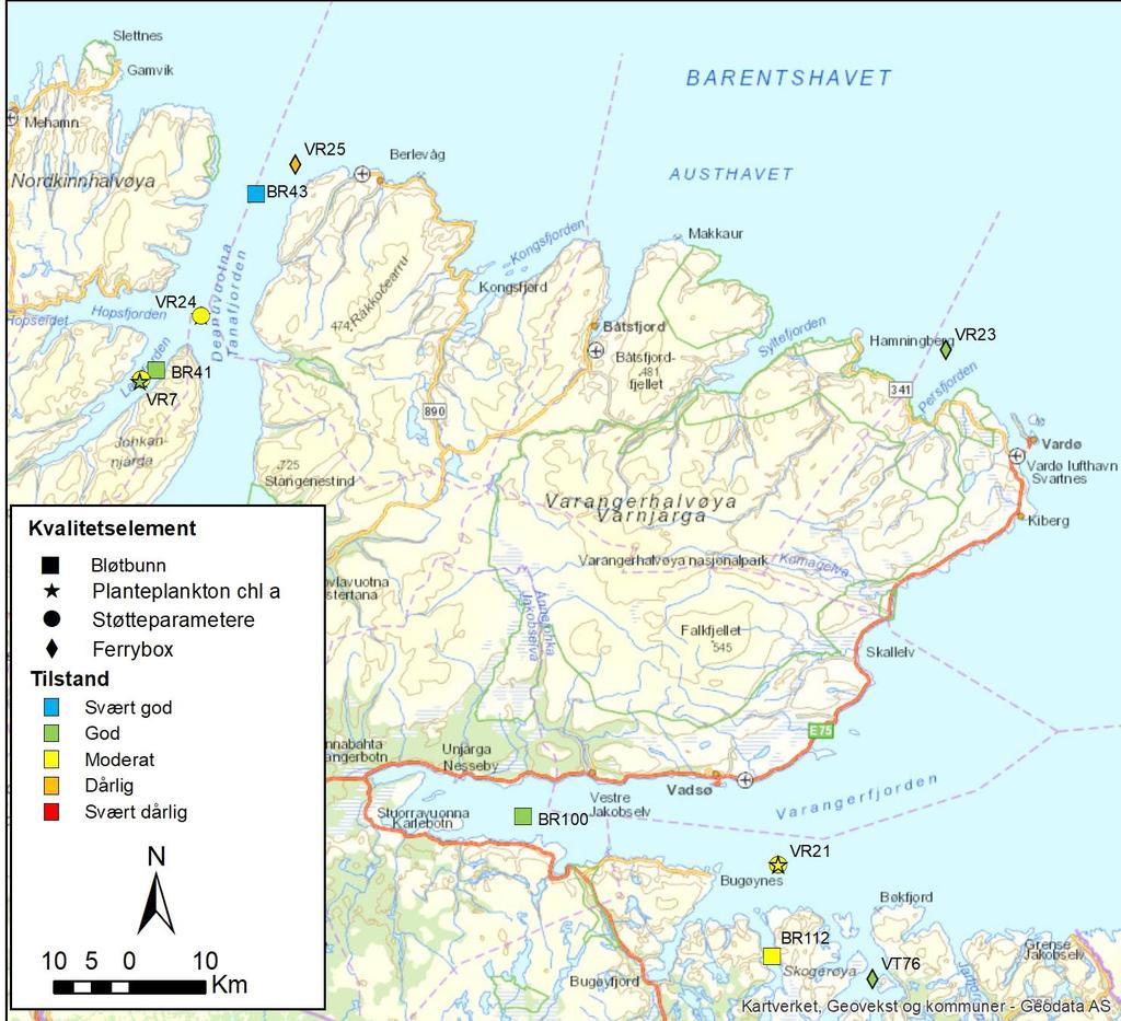 Figur 1. Tilstandsvurdering basert på biologiske kvalitetselementer og vannkjemiske støtteparametere per stasjon i delprogram Barentshavet.