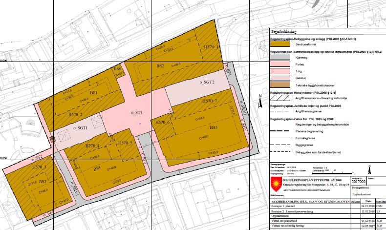 Kvartalene reguleres til sentrumsformål, i tråd med arealbruken som er vedtatt i kommuneplanens arealdel 2014-2026.