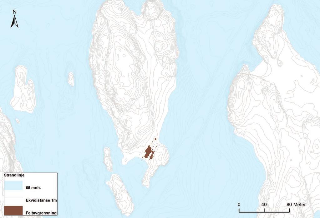 114 e18 bommestad-sky Figur 11.12. Lokaliteten med havnivået hevet til 65 meter over dagens nivå. hatt, er den verdifull for studier av det overordnede bosetningsmønsteret i perioden.