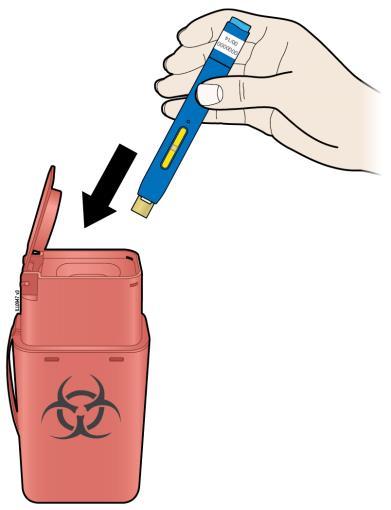 Kast den ferdigfylte pennen i en sprøytebeholder umiddelbart etter bruk.