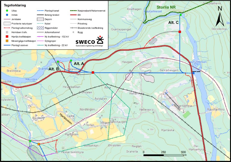 Figur 1: Utbyggingskart for Hjartås kraftverk med utløpsalternativ A, B og C. 3.4.