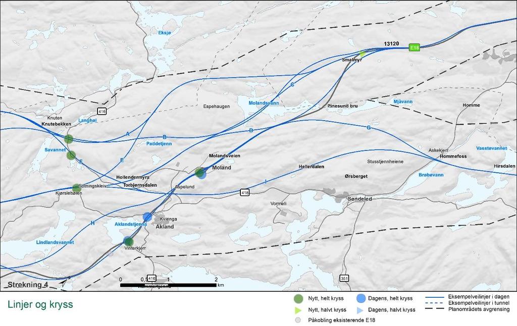 4 Skorstøl-Lindland 4A: Eksempellinja ligger i fjellskjæringer på store deler av strekningen, alternativt avbrutt av kort tunnel.