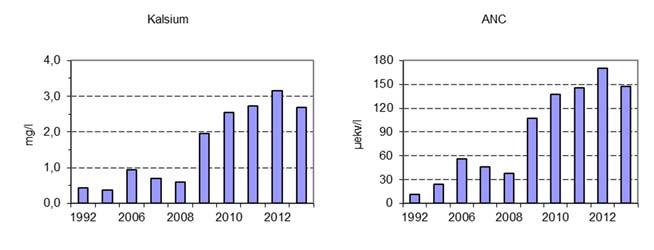 Konsentrasjonen av ikke-marin sulfat har vært lav (11-13 µekv/l) og har endret seg lite i 2008-2013. Konsentrasjonen av labilt aluminium har i perioden 2005-2013 variert i området 1-7 µg/l.