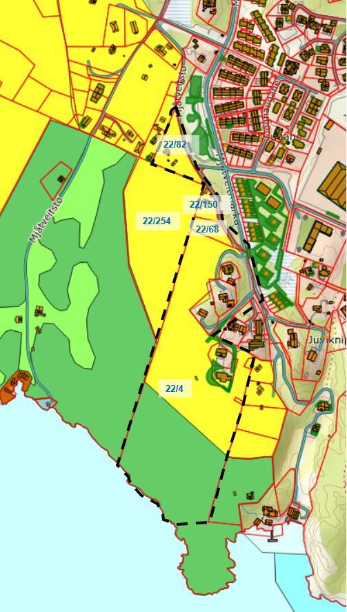 Plangrense, tilhøvet til kommuneplan og pågåande planarbeid Figur 1: Forslag til plangrense vist på utsnitt av kommuneplanen sin arealdel Fig 1 viser forslag til plangrense.