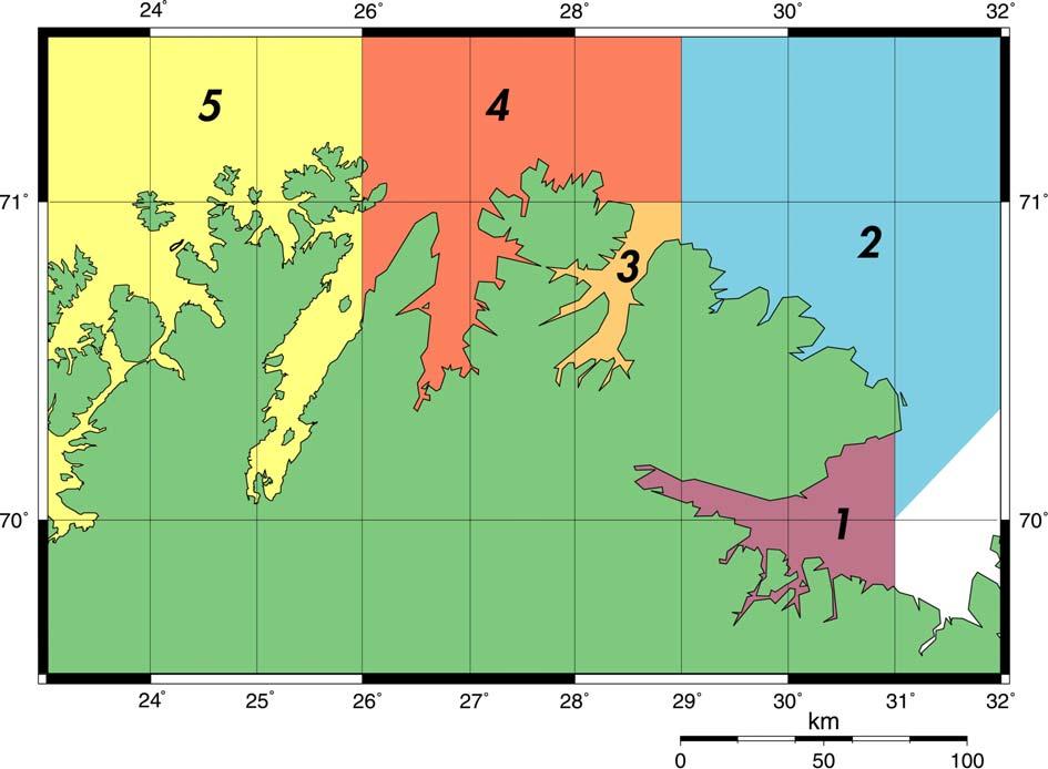 2 OMRÅDEINNDELING Registreringene av bifangst fra de enkelte fiskerne er fordelt på forskjellige geografiske områder som vist på figur 1.