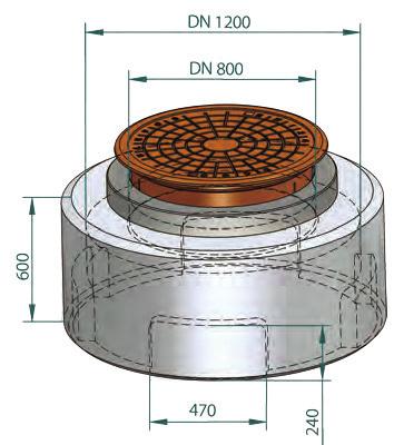 Basal sirkulær trekkekum DN Innvendige mål Høyde (mm) Utsparing Vekt kg Type B X H Trekkekum 1200 600 700
