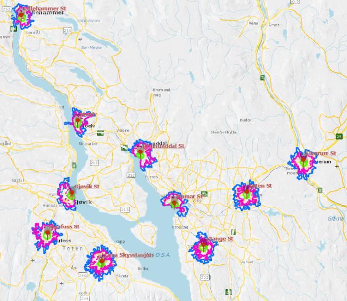 Figur 21: Rekkeviddeanalyse i Mjøsbyen (Hamar som eksempel på et polygon med ca.