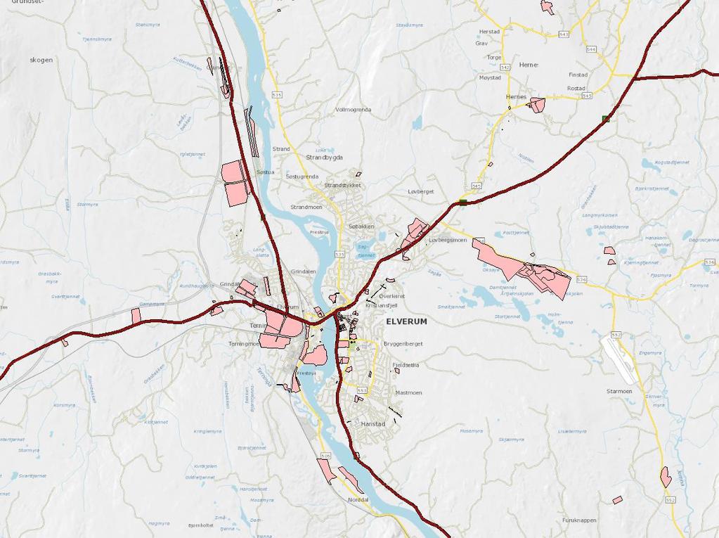 Figur 39: Oversikt over næringsområder på Elverum (inkl.