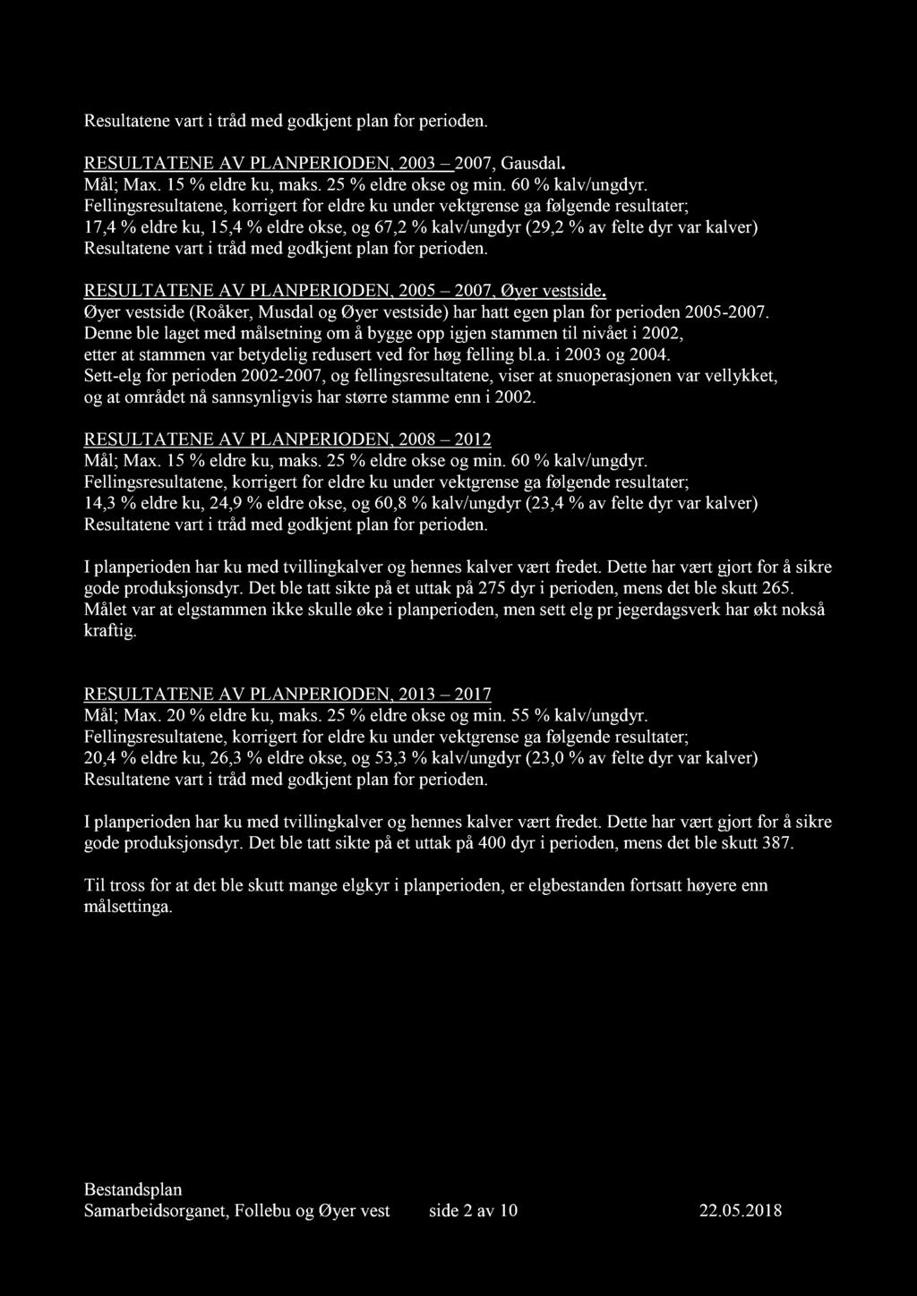 Resultatene vart i tråd med godkjent plan for perioden. RES ULTATENE AV PLANPERIODEN, 2003 2007, Gausdal. Mål; Max. 15 % eldre ku, maks. 25 % eldre okse og min. 60 % kalv/ungdyr.