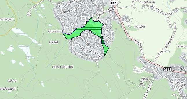 Gjennom naboboligområdene går det et statlig sikra friluftsområde (Kulsrudfjellet/Grønlund) som i dag er koblet til omkringliggende skogsområder. Fig. 6.