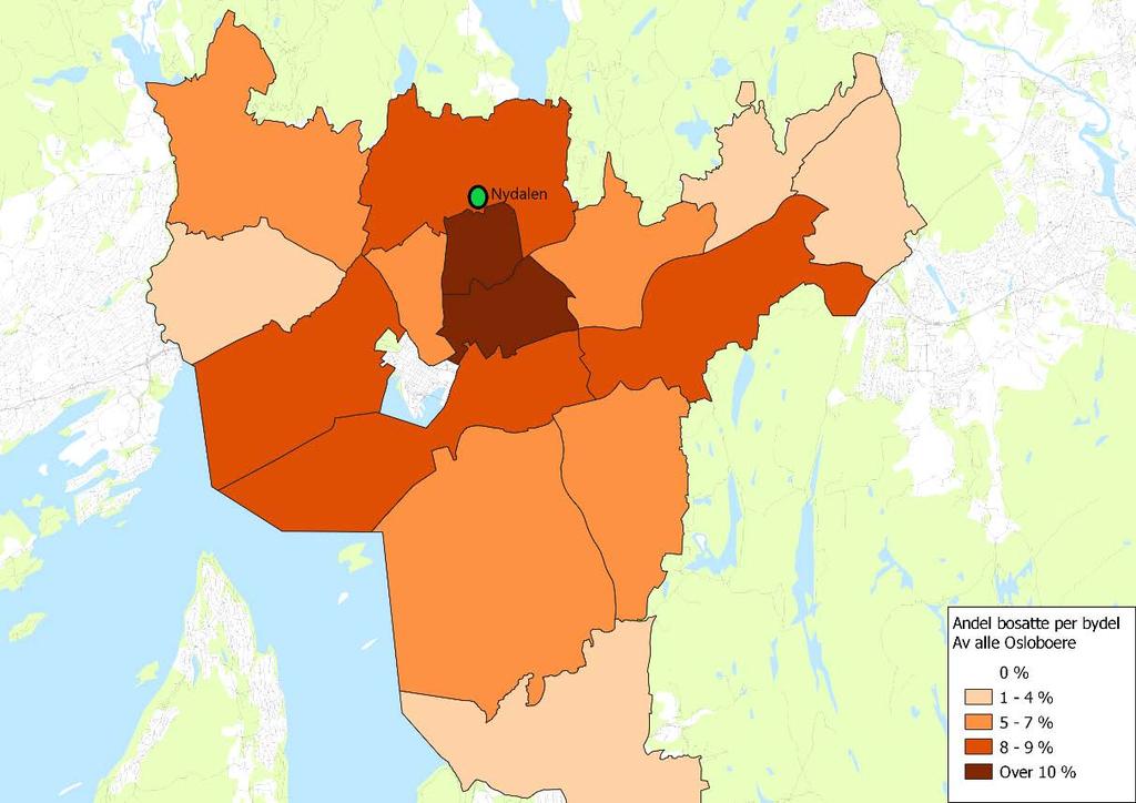 Når det gjelder Oslo er postnummersonene små i geografisk utstrekning og figur 2.1 gir et inntrykk av at få respondenter kommer fra byen. Imidlertid har 60 prosent av alle respondentene bosted i Oslo.