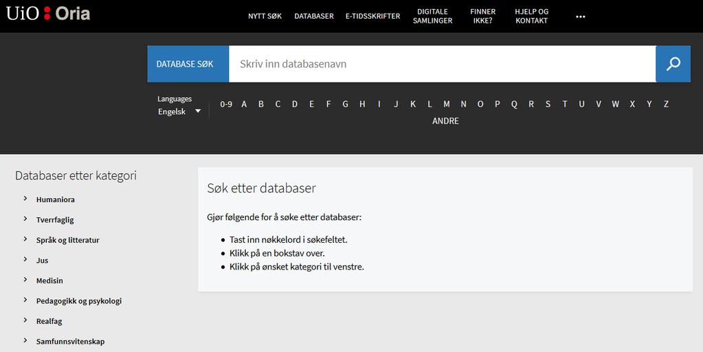 Databaseliste med kategorier i Oria Oria har blitt utvidet med funksjonalitet for kategoriinndeling av i A-Å-listen for databaser.