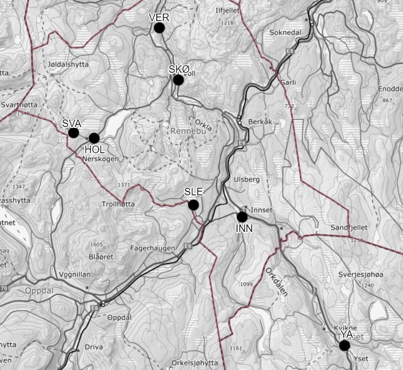 3.2 Tynset og Rennebu kommune 3.1.1 Overvåkingsstasjonene Stasjonene i Tynset og Rennebu kommune ligger øverst i vassdraget og det er tatt bunndyr- og vannprøver fra syv elvestasjoner (Figur 1).