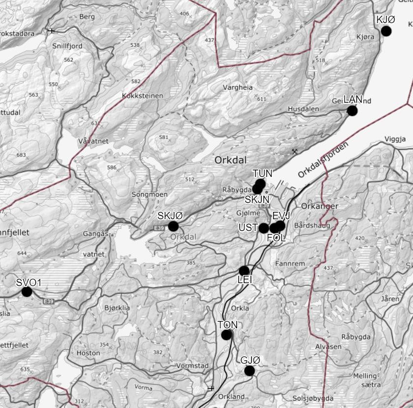 3.4 Orkdal kommune 3.1.1 Overvåkingsstasjonene Orkla følger Orkdalen og renner tilslutt ut i Orkdalsfjorden ved tettstedet Orkanger. Det er tatt 12 bunndyr- og vannprøver i Orkdal kommune (Figur 3).