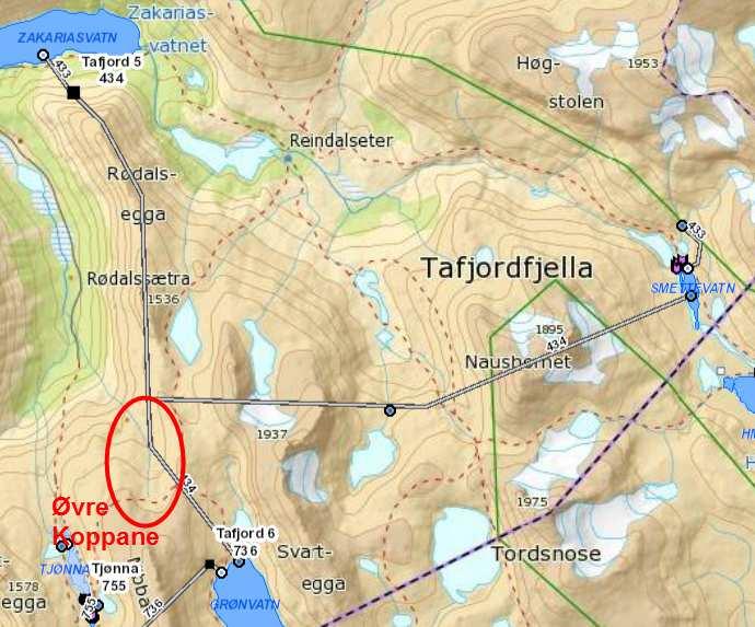 Figur 3 Driftsvassveg til Tafjord 5, med greiner frå Smettevatn og Brusebotnvatn (Grønvatn). 2 Omtale av tiltaket 2.1 Opphavleg søknad Tafjord Kraftproduksjon søkte 09.