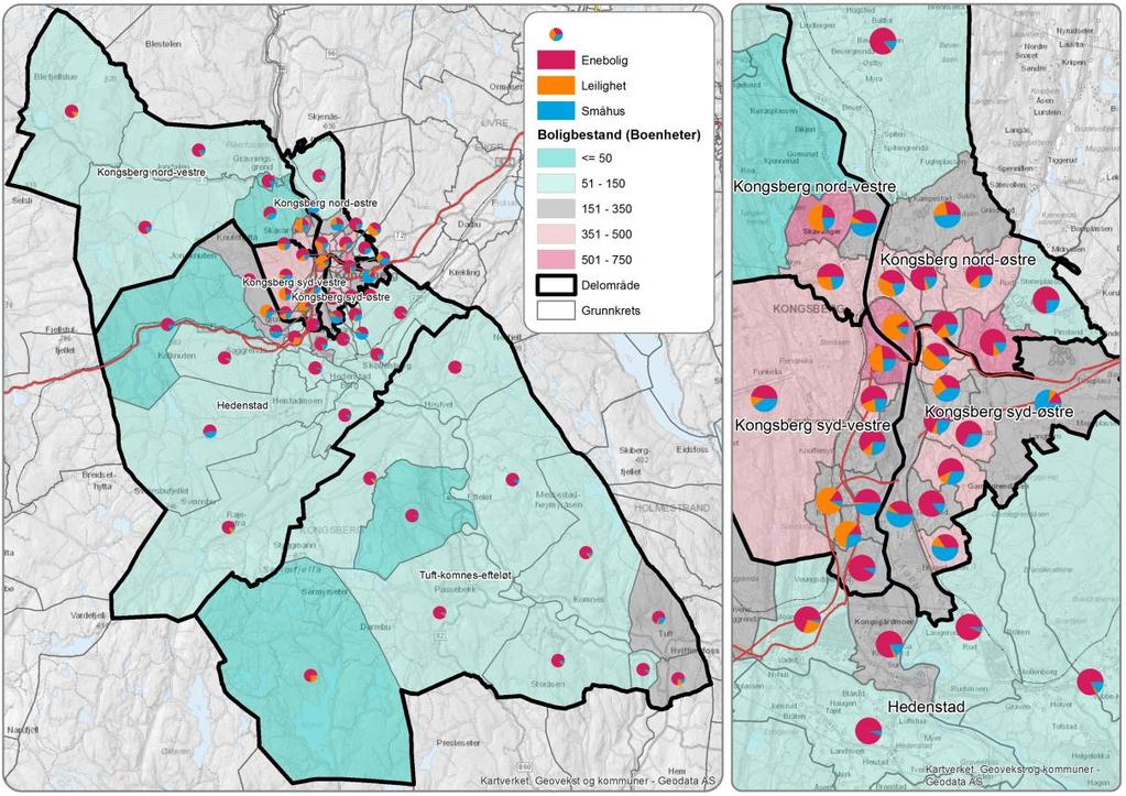 Boligmassen Boligmassen Det er registrert 13 376 boliger i Kongsberg hvorav 55% er eneboliger, 25% småhus og 20% leiligheter.